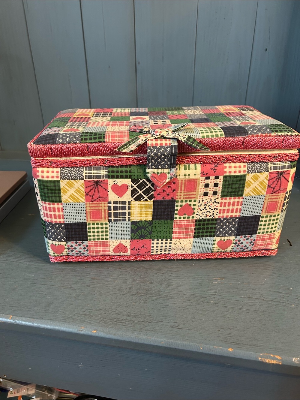 Vintage 1970’s Patchwork Pattern Sewing Storage Box - Multicolor Pink Hearts